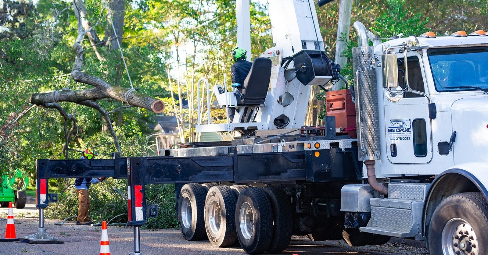 Heritage Tree Services crew trimming a large oak in a Brandon, MS neighborhood
